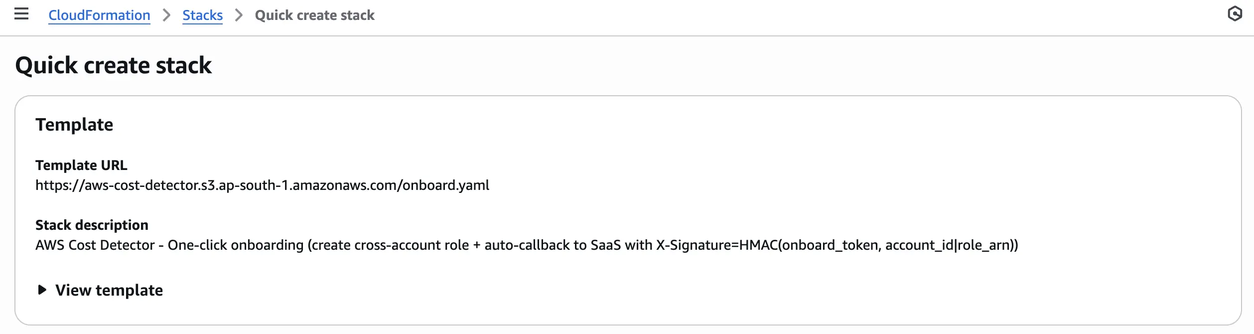 CloudFormation Create stack page