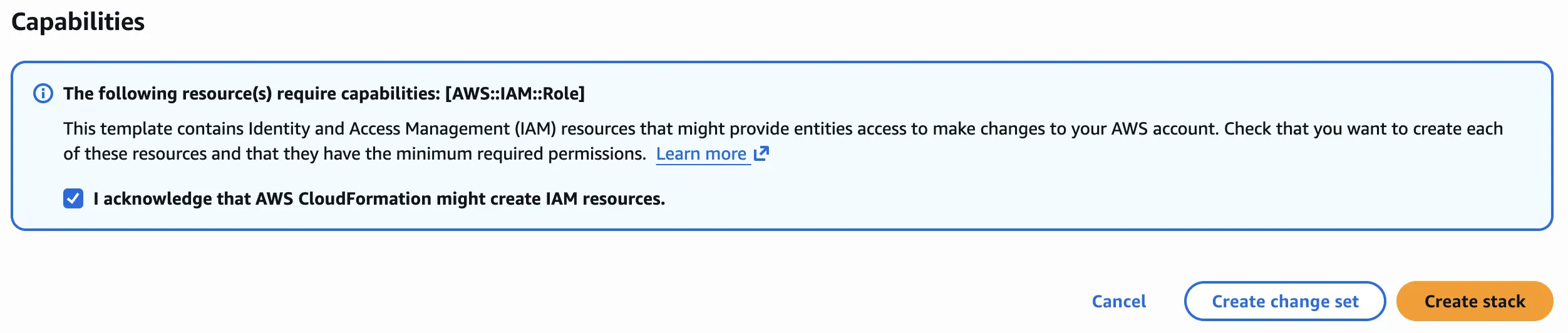 Acknowledge IAM resources and create stack